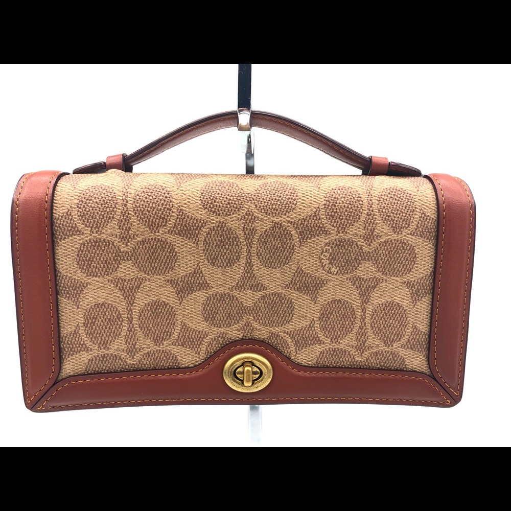 Coach Riley Clutch in Signature Canvas and Brown Leather and gold brass chain
